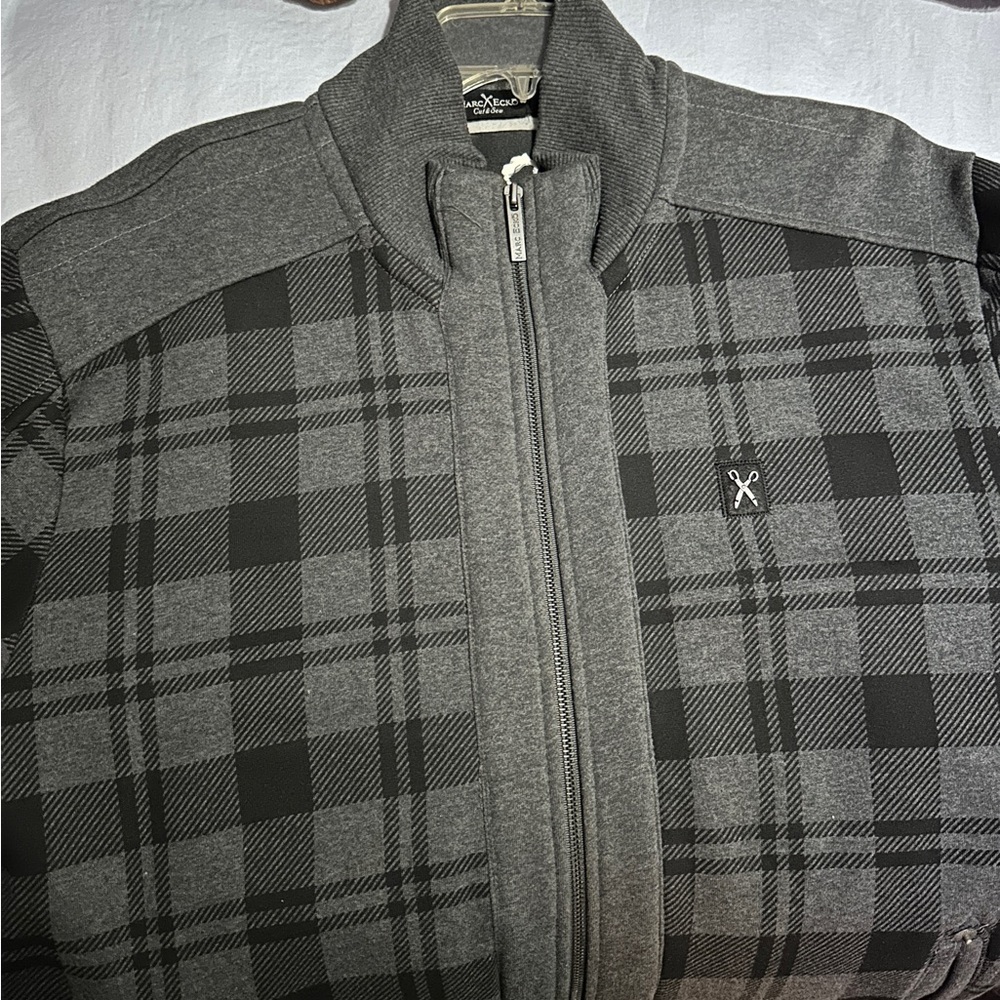 Marc Ecko Gray and Black Plaid Zip-Up Sweater